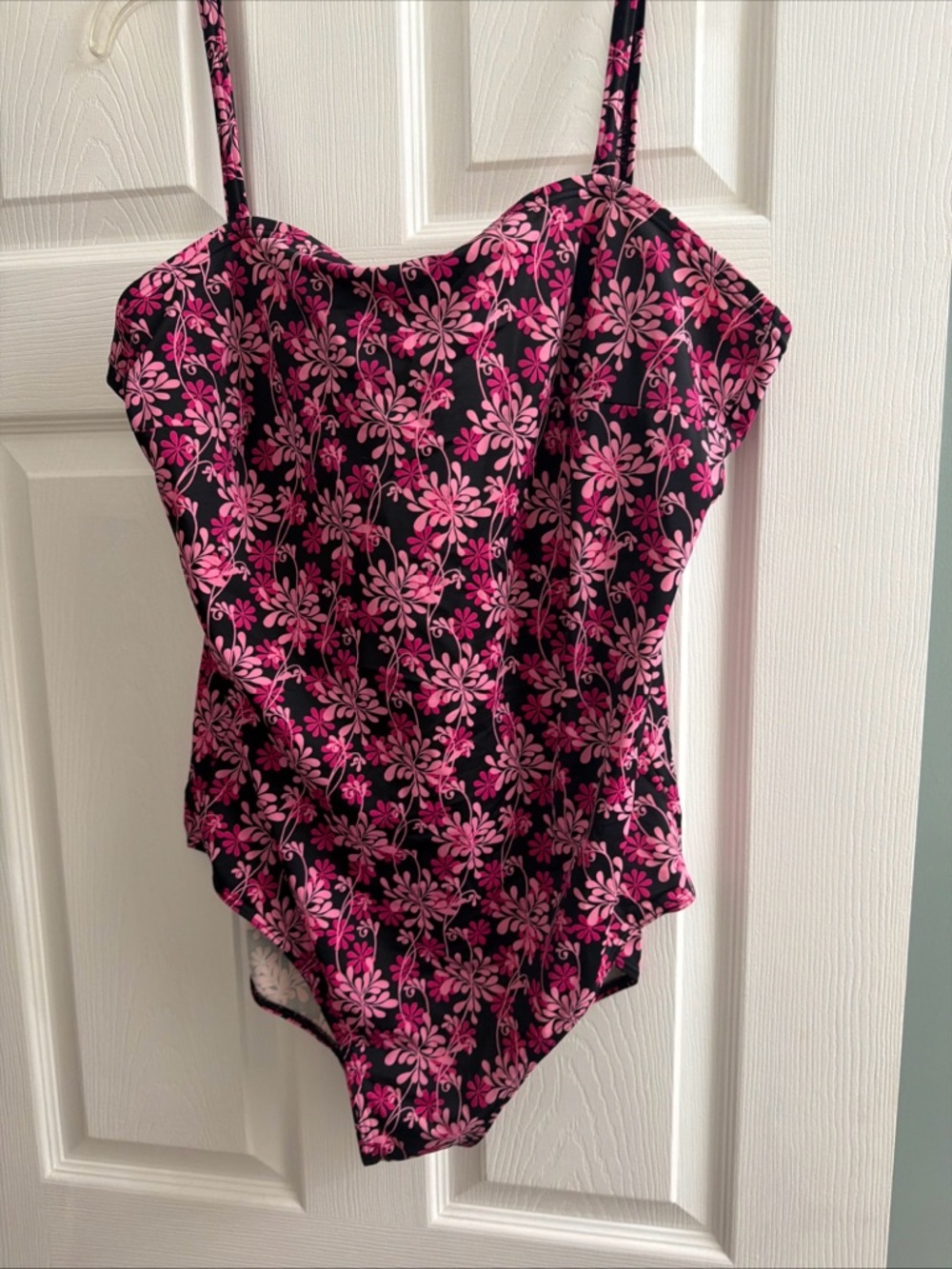 Womens Black and Pink Floral One-Piece Swimsuit
